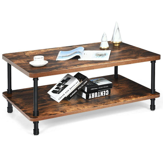 Industrial Coffee Table Rustic Accent Table Storage Shelf Living Room Furniture (FW1)(1U67)