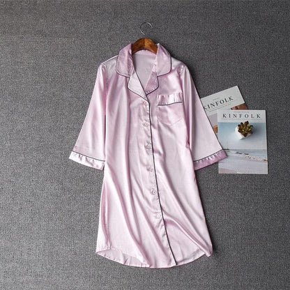 Trending Faux Silk Women's Sleep Dress - Casual Half Sleeve Lapel Collar Nightwear (D90)(ZP2)