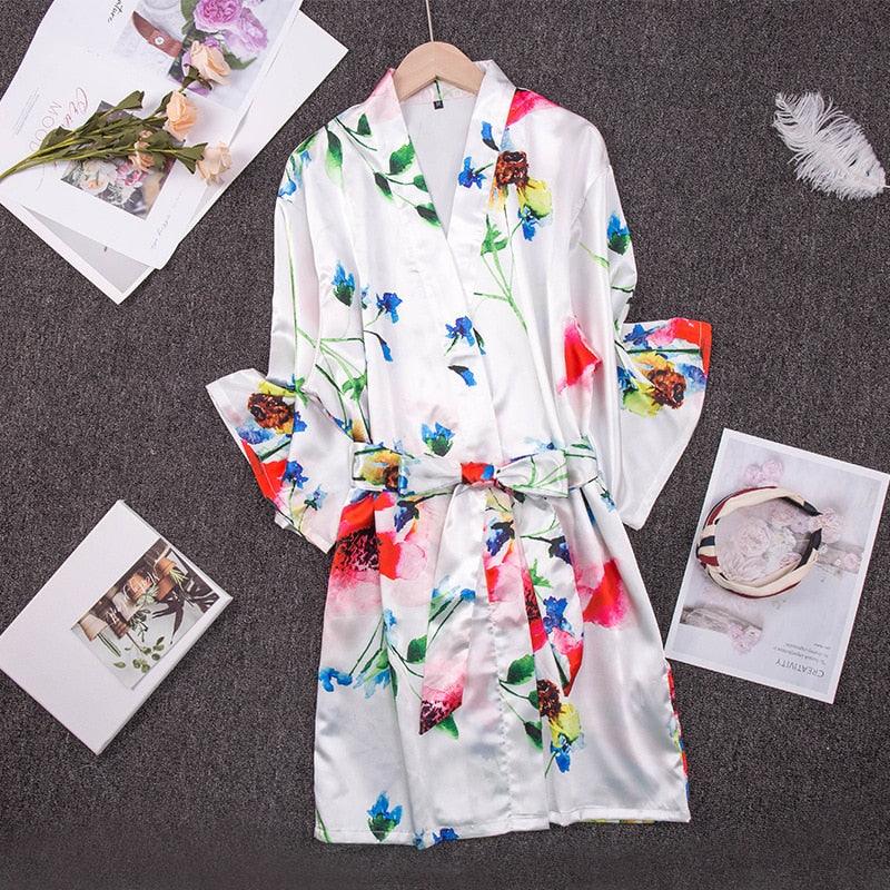 Trending Women's Robe - Silk Pajamas Flower Printing Nightgown - Summer Spring Bathrobe (D90)(ZP4)