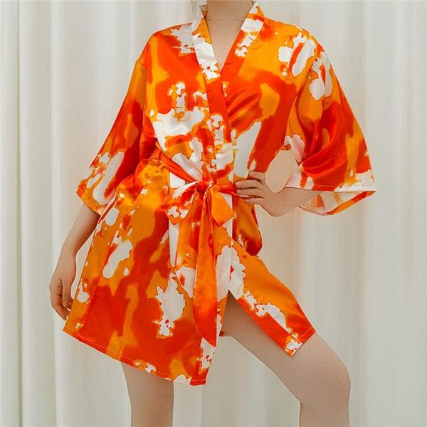 Great Women's Robe - Pajamas Faux Silk Summer Thin Printing Nightgown - Robe Sleepwear (ZP4)(F90)