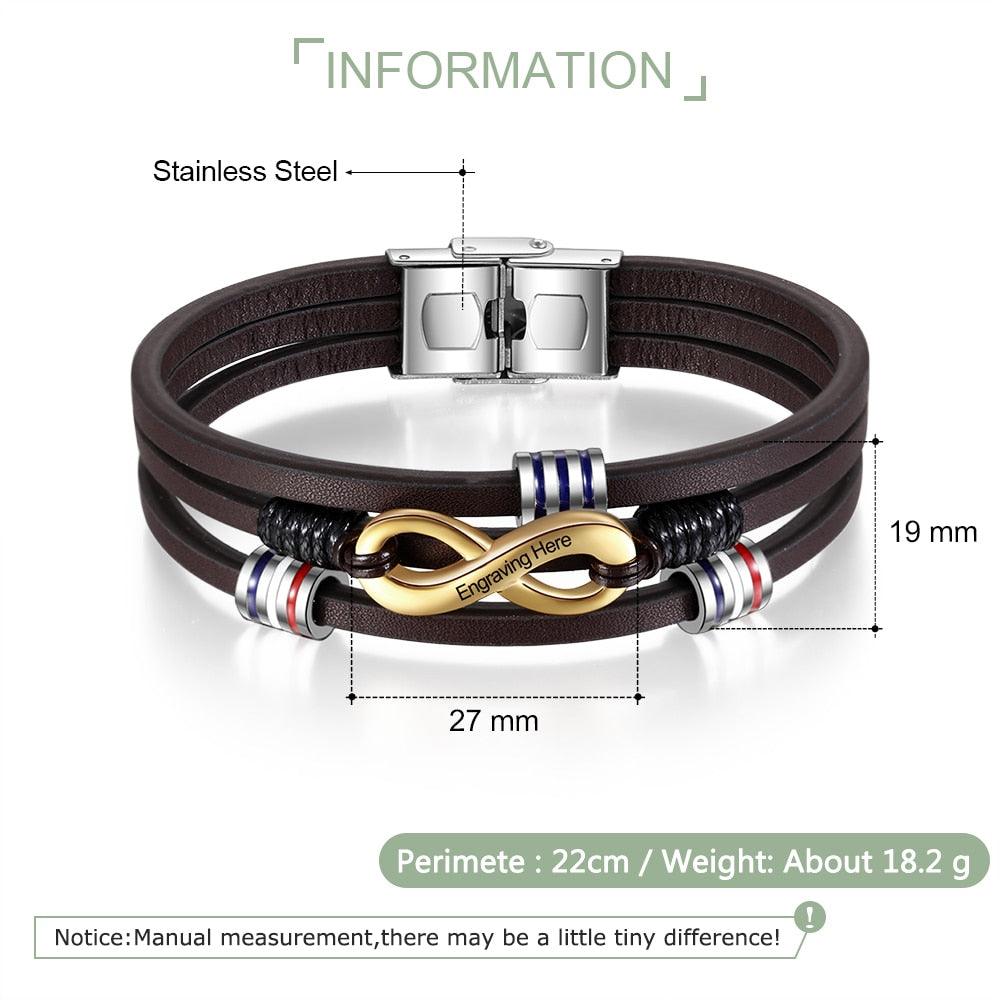 Customized 3-Layers Brown Leather Bracelets - Personalized Engraving Name Infinity Wristband Bracelets (2U83)