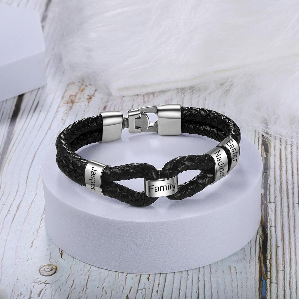 Personalized Leather Bracelet with Custom Beads - Stainless Steel Engraved Bracelets (2U83)