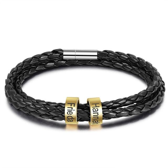 Personalized Multilayer Leather Bracelets -Customized Engraving Name Beads Charm Bracelet & Bangles (2U83)