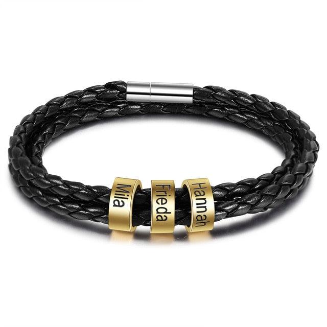 Personalized Multilayer Leather Bracelets -Customized Engraving Name Beads Charm Bracelet & Bangles (2U83)