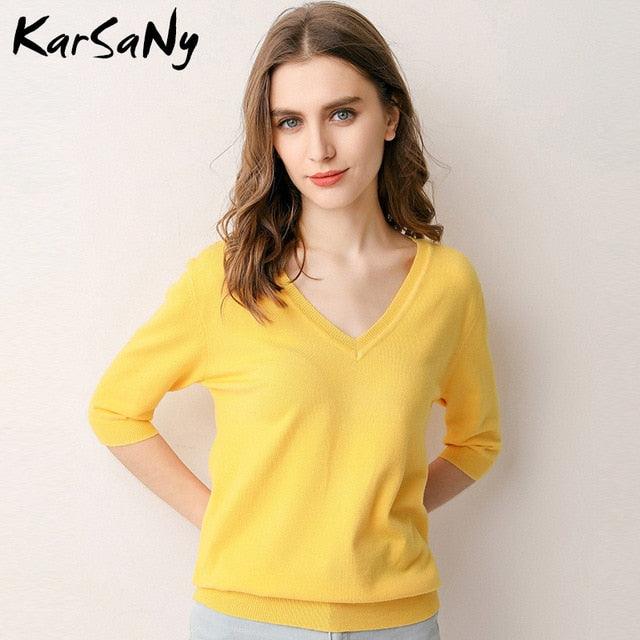 Nice Half Sleeve Knitted Blouse - Women Summer Ladies V-neck Blouses - Blouse Knitted Women Tops - Plus Size (TB1)(F19)