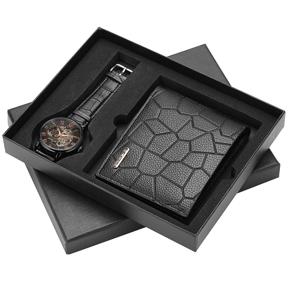Great Mechanical Men Watch Purse Set - Luxury Business Gift Hand-Winding Men's Watch Present Box (1MA1)