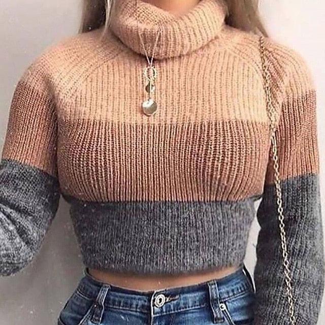 Beautiful Khaki Crop Sweater - Turtleneck Female Cotton Knitted Striped Sweaters - Long Sleeve Autumn Winter Warm Sweaters (TB8C)(F23)