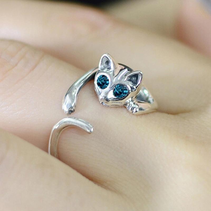 Cute Kitten Crystal Ring - Blue Eyes Silver Color Ring (2U81)