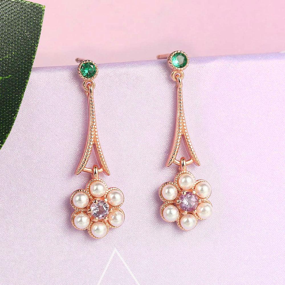 Gorgeous 925 Sterling Silver Drop Earring - Women Pearl Flower Amethyst Gemstone Rose Plated Fine Jewelry (2JW2)