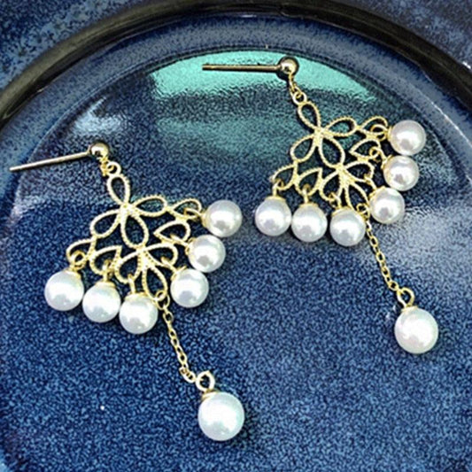 Cute 925 Pearls Drop Earrings - Women 14K Gold Plated Vintage Silver Fine Jewelry (2JW2)(F81)