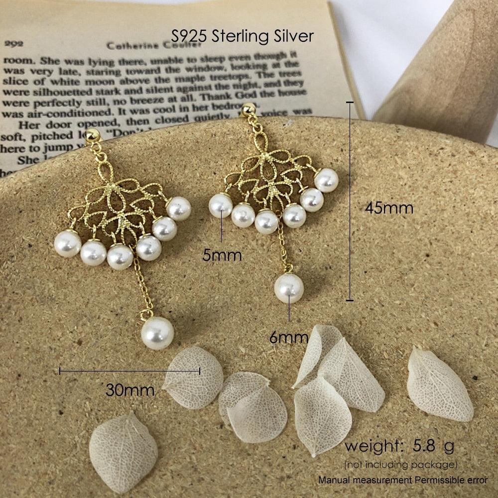 Cute 925 Pearls Drop Earrings - Women 14K Gold Plated Vintage Silver Fine Jewelry (2JW2)(F81)