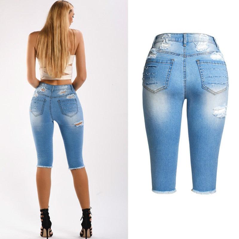 Trending Knee Length Ripped Jeans - Women Shorts Summer Midi Pencil Denim Jeans - New Arrival (TB6)