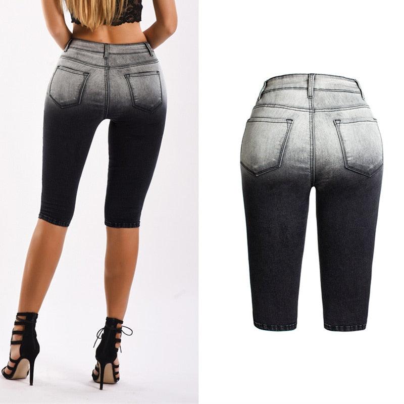 Trending Knee Length Ripped Jeans - Women Shorts Summer Midi Pencil Denim Jeans - New Arrival (TB6)