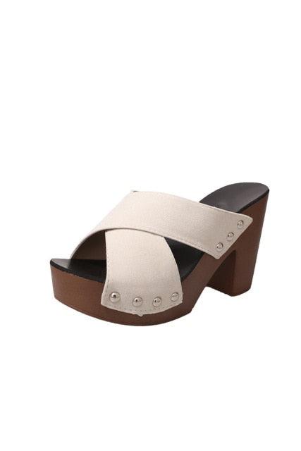 Beautiful Women's Sandals - Platform Flock Casual Rivet Slides Square Heels (1U39)(1U36)(1U37)