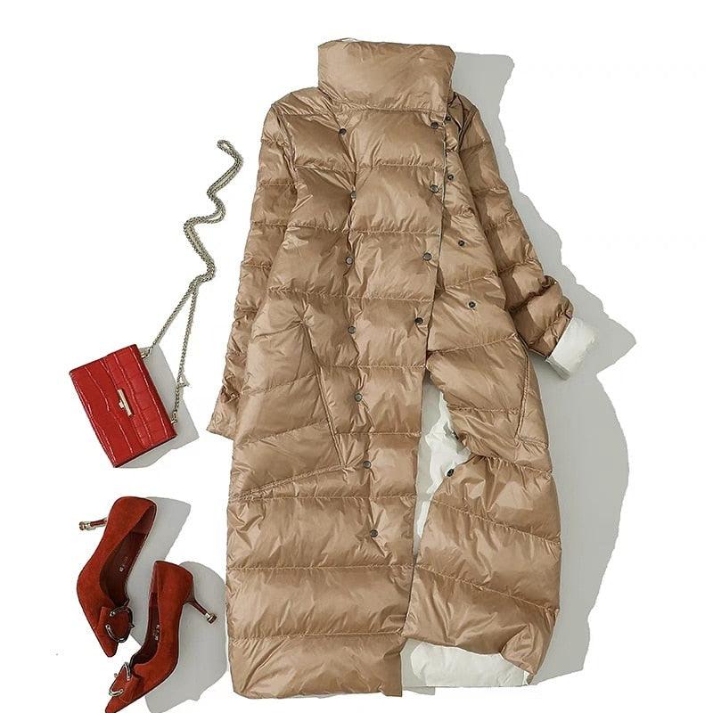 Women Double Sided Down Long Jacket - Winter Turtleneck White Duck Down Coat - Double Breasted Warm Snow Outwear (TB8A)