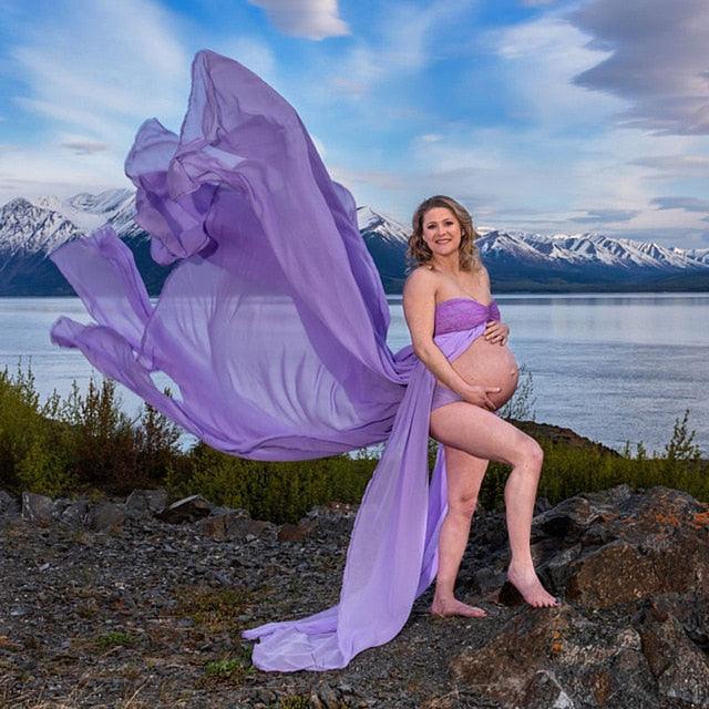 Gorgeous Lace Chiffon Women Maternity Dress - Photography Props Off Shoulder Sleeveless Pregnancy Solid Dress -Photo Shoot (Z6)