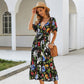 Trending Ladies Floral Printed Women Dress - A Line Deep Ruched V Neck Short Sleeve Midi Dress - Elegant Summer Dress (D30)(BWM)(WS06)