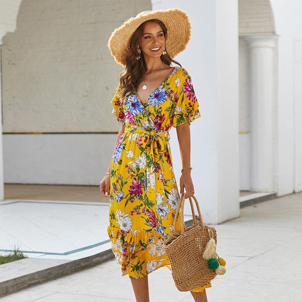 Trending Ladies Floral Printed Women Dress - A Line Deep Ruched V Neck Short Sleeve Midi Dress - Elegant Summer Dress (D30)(BWM)(WS06)