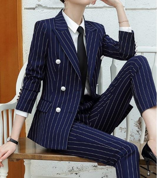 Large Size S-4XL Women's Suits - Autumn New Professional Full Sleeve Striped 'Office Pants Suit - Two Piece Set (D20)(TB5)
