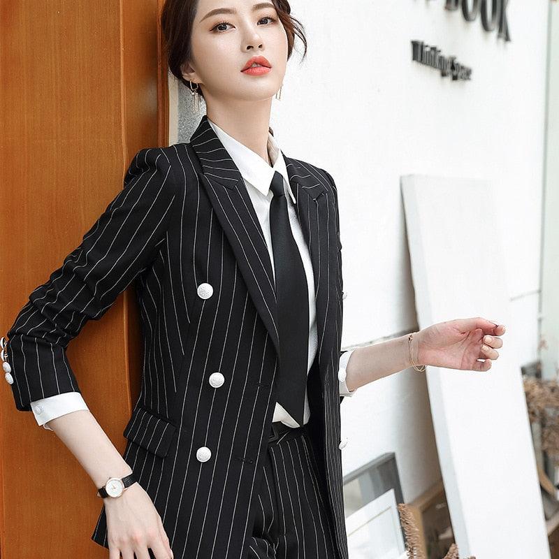 Plus size suit for women black pinstripe suit