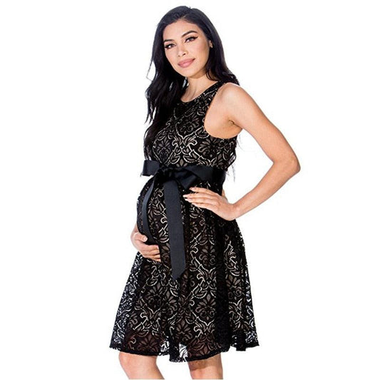 Summer Casual Maternity Lace Dress - High Waist Sleeveless Ribbon - Pregnancy Dress (D5)(Z7)(Z9)(2Z1)(7Z1)