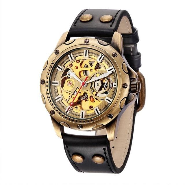 Leather Mechanical Watch - Men Automatic Steampunk Watch - Bronze Transparent Vintage Sport Wristwatch (1U84)