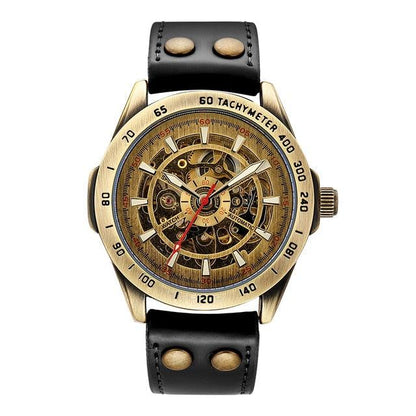 Leather Mechanical Watch Men Automatic Steampunk Watch Mens Skeleton  Watches Bronze Transparent Vintage Sport Wristwatch Male