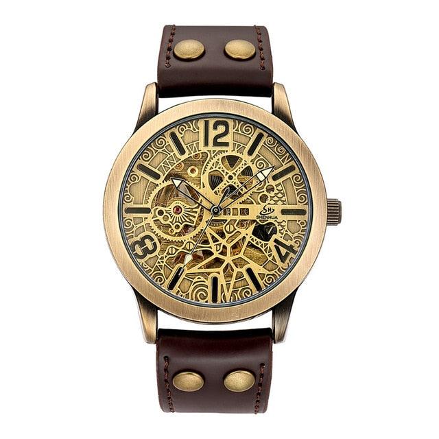 Leather Mechanical Watch - Men Automatic Steampunk Watch - Bronze Transparent Vintage Sport Wristwatch (1U84)
