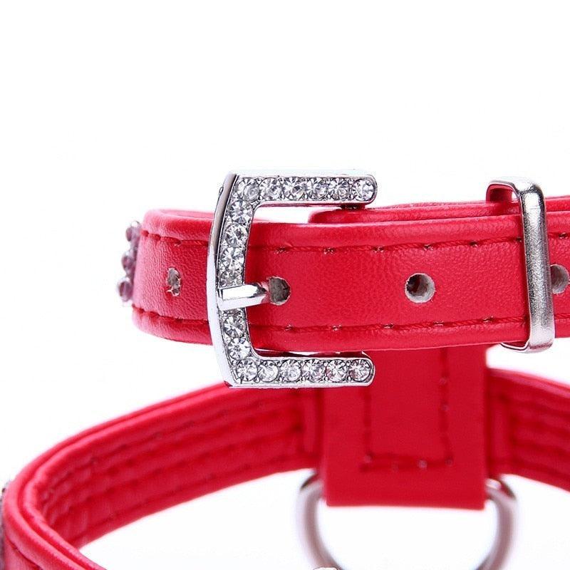 Amazing Leather Small Dog Harness Diamond Necklace Retractable Dog Leash Rhinestone Puppy Dog Collar (3W1)