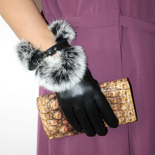 Beautiful Leather Gloves - Women's Sheepskin Gloves - Fashion New Rabbit Fur Style Warm Gloves (D44)(6WH1)