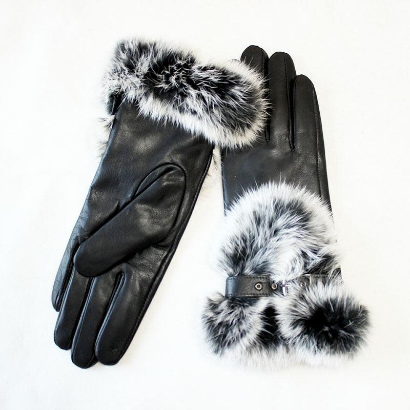Beautiful Leather Gloves - Women's Sheepskin Gloves - Fashion New Rabbit Fur Style Warm Gloves (D44)(6WH1)
