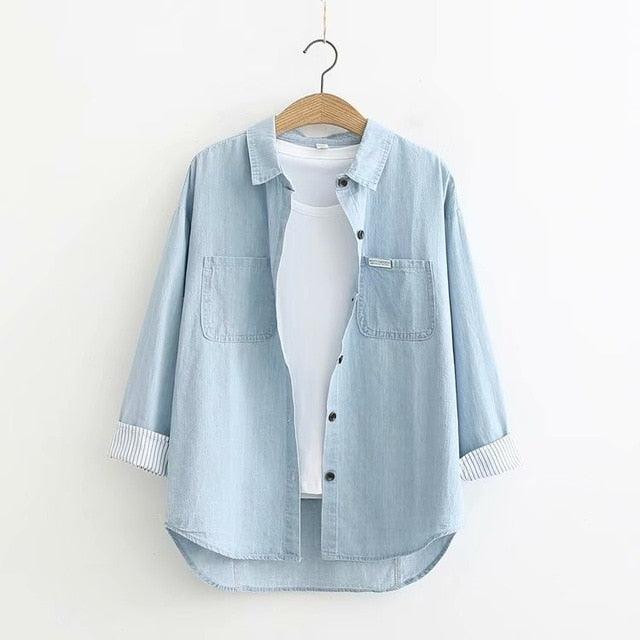 Leisure Cute Fall Shirt - Women Blue Button Shirts - Long Sleeve Tops - Style Streetwear (TB4)(F19)