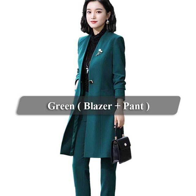 Women Pant Suit - Elegant V Neck Long Jacket Pant - 2 Piece Suit (D20)(TB5)