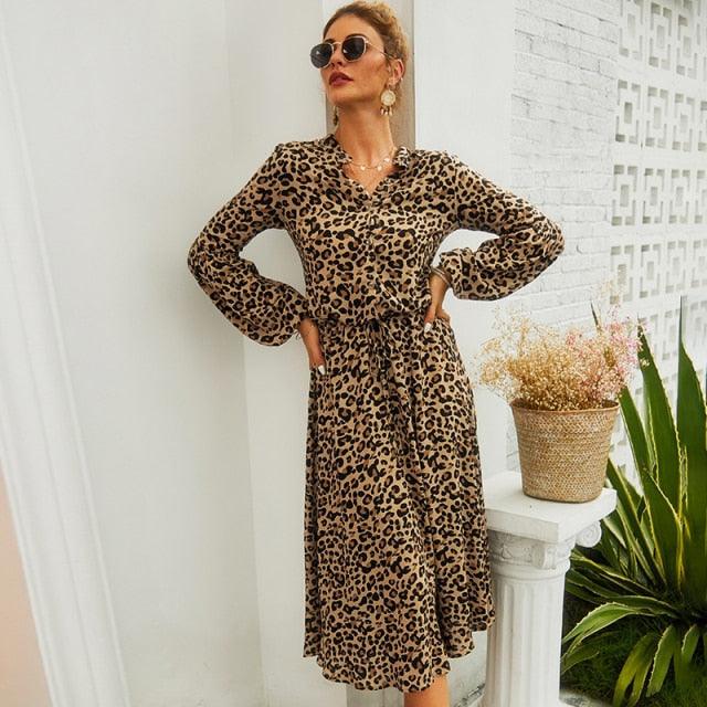 New Arrival Midi Women Leopard Dress - Long Sleeve Fashion A Line V Neck High Waist Boho Summer Dresses (BWM)(F30)