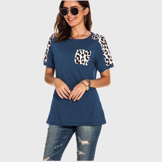 Leopard Pocket T-shirt Summer Tops - Women O-neck Short Sleeve Casual Female Tops - Summer Hot T Shirt (3U19)