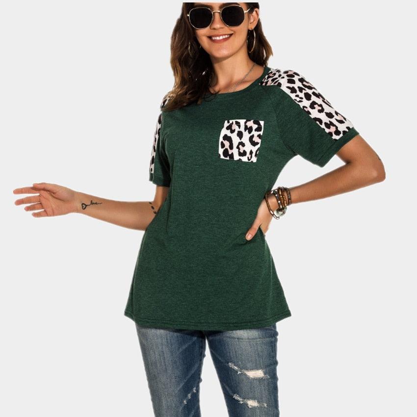 Leopard Pocket T-shirt Summer Tops - Women O-neck Short Sleeve Casual Female Tops - Summer Hot T Shirt (3U19)