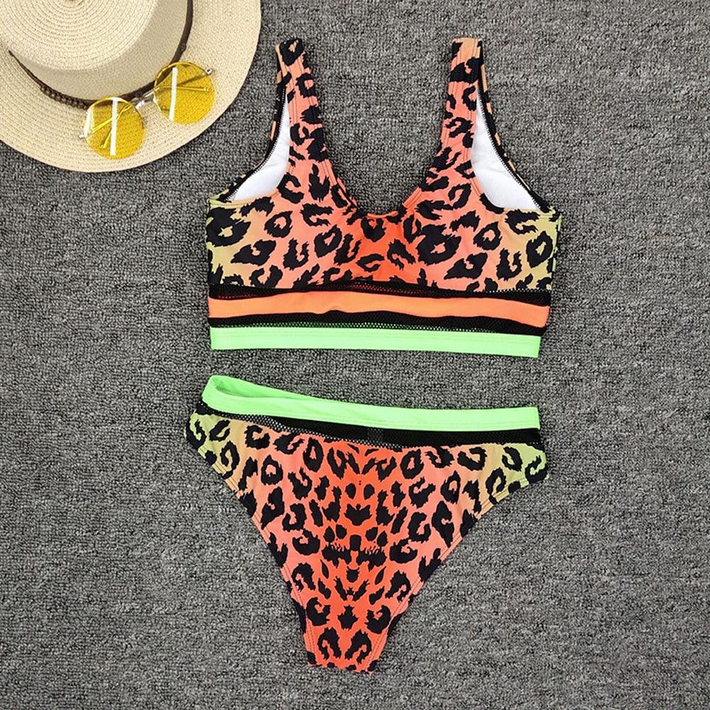 Trending Leopard Printed Black Mesh Swimsuit - High Waist Women Bikini - Two Pieces Bikini Set - New Bather Flower Bathing Suit (D26)(TB8D)