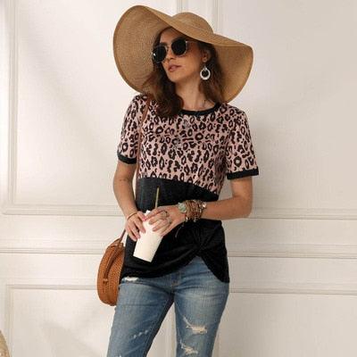 Nice Leopard T-shirt - Women Patchwork Top Summer Short Sleeve Top - New Tie Tops (3U19)