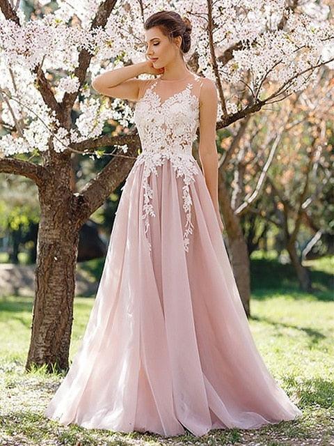 Light Pink Cute Dresses - Elegant Lace Tulle Long Evening Dress - O Neck Sleeveless A Line Chic Party Dress (WSO3)(WSO5)