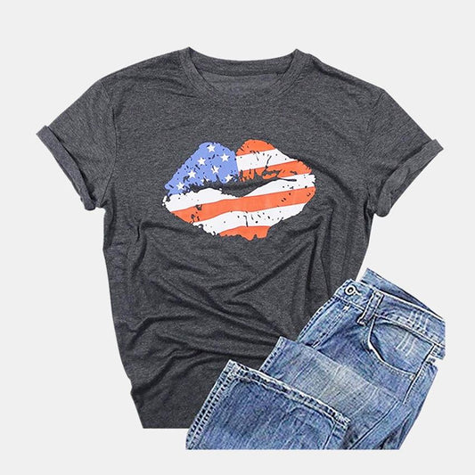 Cute Lips Print T Shirt - Women Gray Summer Tops - Short Sleeve Cotton T-shirt (3U19)