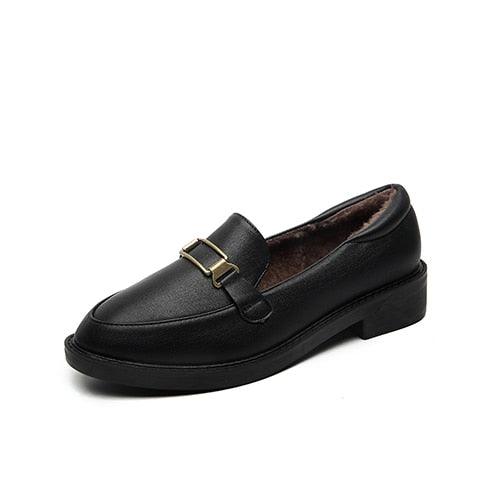 Great Loafers Women Metal Round Toe Slip On Flat Shoes - Autumn Winter Plush Warm Flats Leather Footwear (3U40)