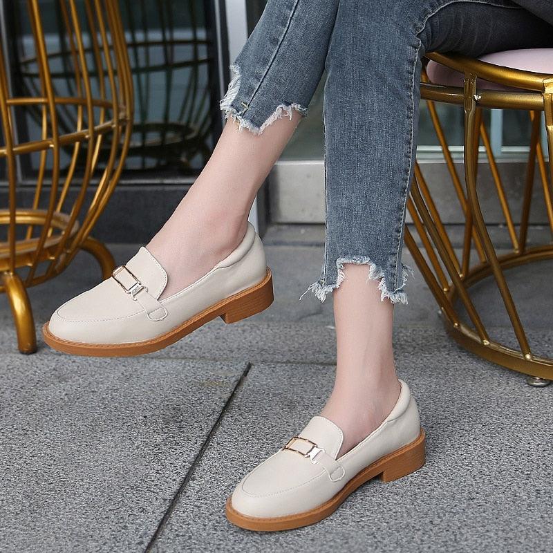 Great Loafers Women Metal Round Toe Slip On Flat Shoes - Autumn Winter Plush Warm Flats Leather Footwear (3U40)