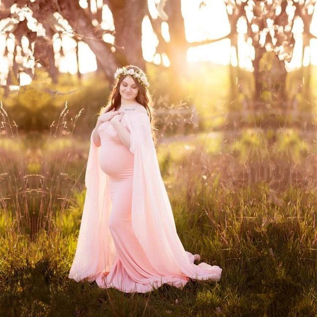 Long Chiffon Maternity Cloak Dress - Slash Neck Long Tail Baby Shower Dress - All-purpose Dress (F5)(Z6)(Z8)(1Z1)(2Z1)(3Z1)(7Z1)
