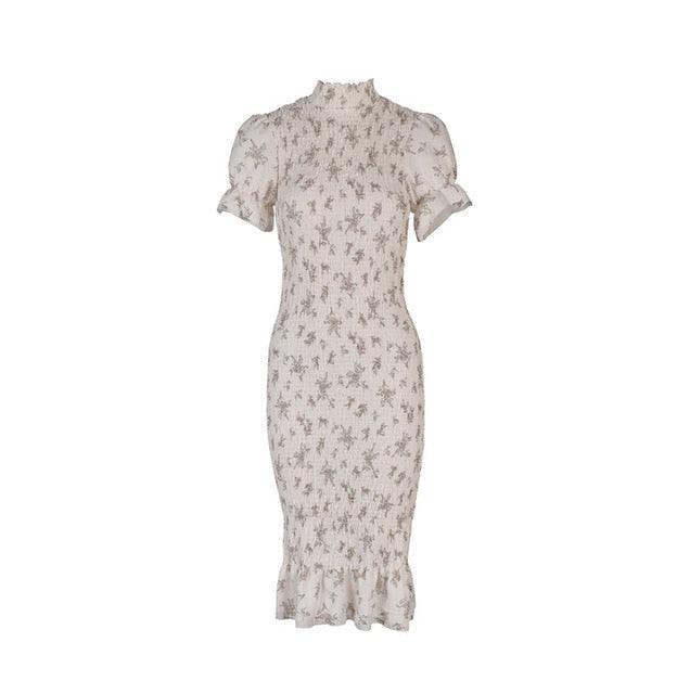 Long Dress Summer Women Elegant Flower Print Floral Dress - Midi Dress Fashion Turtleneck Tight Clothing (BWM)(TP5)