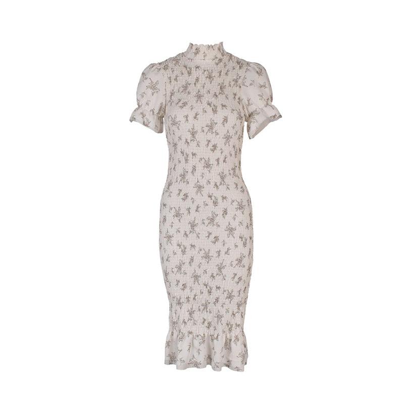 Long Dress Summer Women Elegant Flower Print Floral Dress - Midi Dress Fashion Turtleneck Tight Clothing (BWM)(TP5)