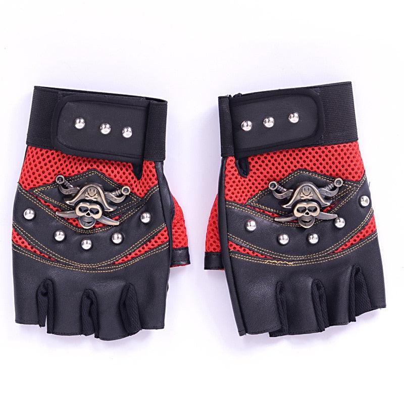 Long Keeper Skulls Rivet PU Leather Fingerless Gloves - Fashion Hip Hop Gym Gloves (6WH1)(F87)