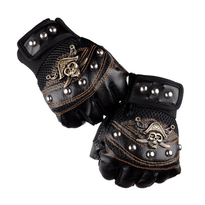 Long Keeper Skulls Rivet PU Leather Fingerless Gloves - Fashion Hip Hop Gym Gloves (6WH1)(F87)