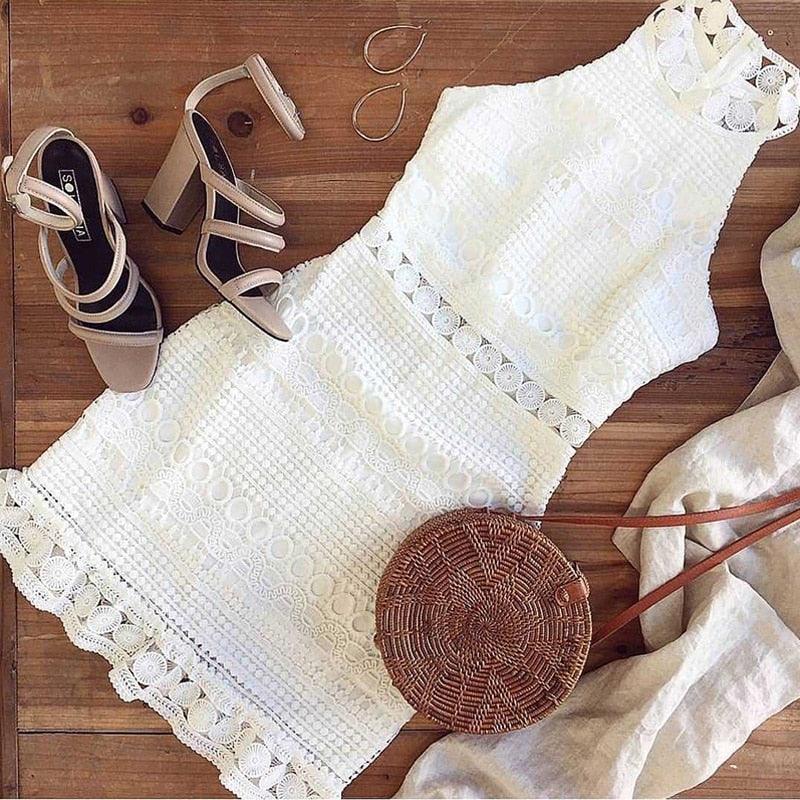 Sexy Lace Stitching Hollow Out Dress - Elegant Women Sleeveless White Summer Chic Short Club Dresses (WS06)(F18)