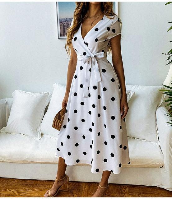 Summer Women Vintage Dress - Casual Polka Dot Print A-Line Party Dresses - Sexy V-neck - Short Sleeve (WSO4)(WS06)(F18)