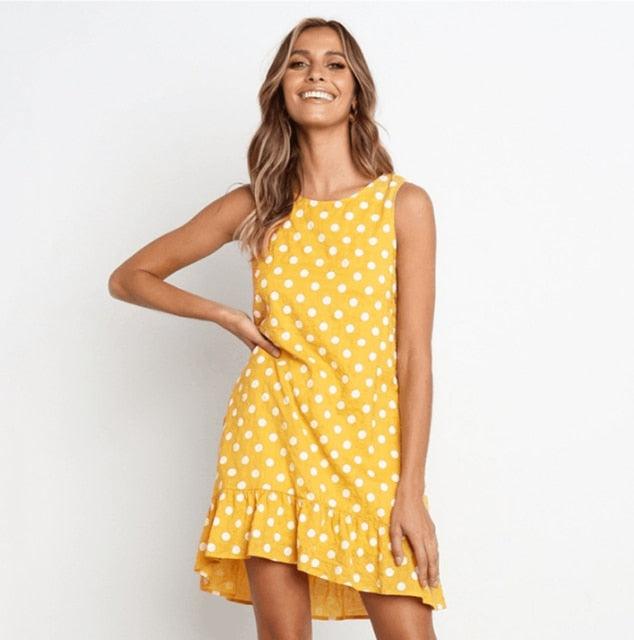 Women Summer Dress - Polka Dot Chiffon Sleeveless Beach Mini Casual Sundress - Fashion Plus Size Dress (WS06)